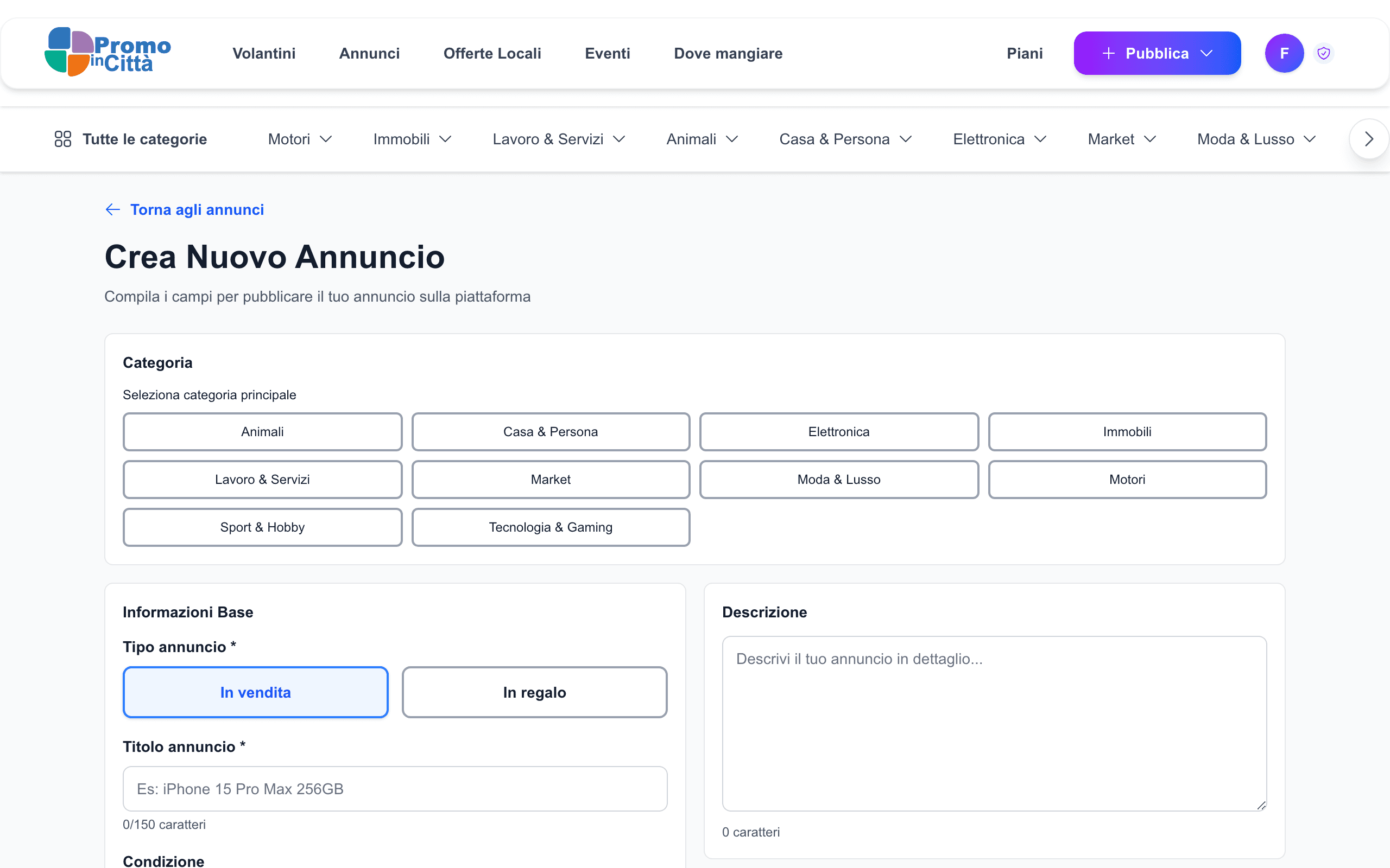 Form di creazione annuncio con campi categoria, titolo e descrizione